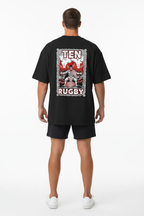 Back view - male model showing NZ haka warrior graphic