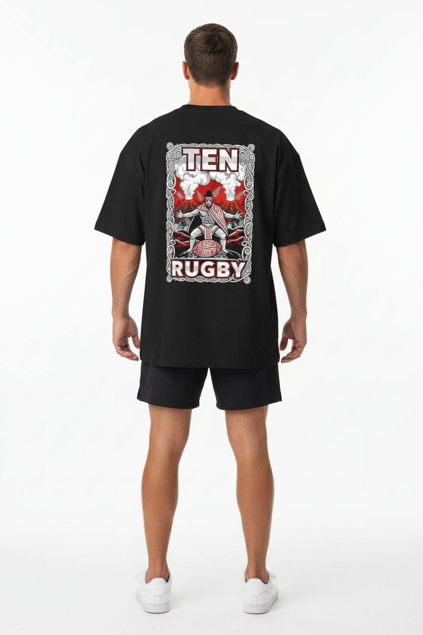 Back view - male model showing NZ haka warrior graphic