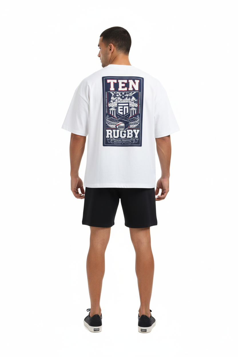 Back view - male model showing Twickenham heritage graphic