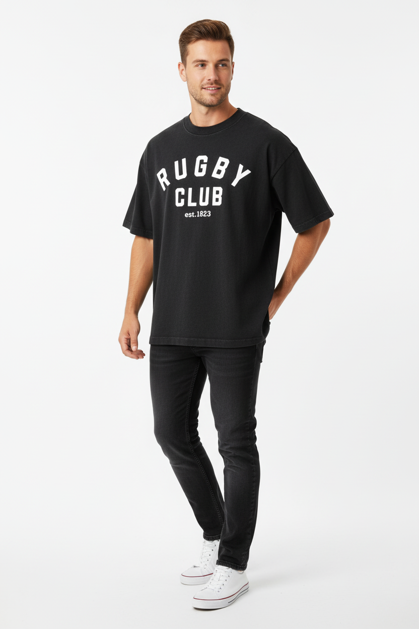 Black Rugby Club tee - three-quarter view