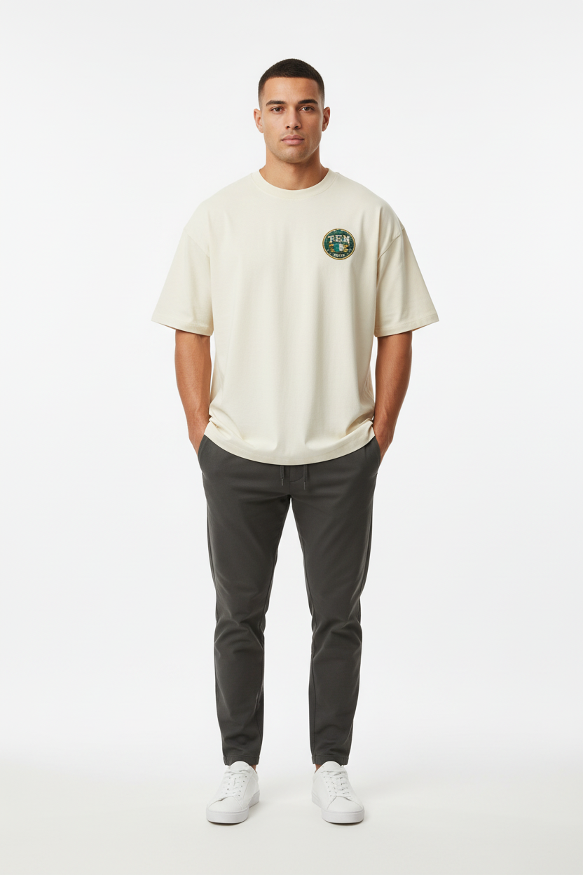 Front view - male model in TEN Rugby tee