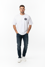 Front view - male model in white TEN Rugby Twickenham tee