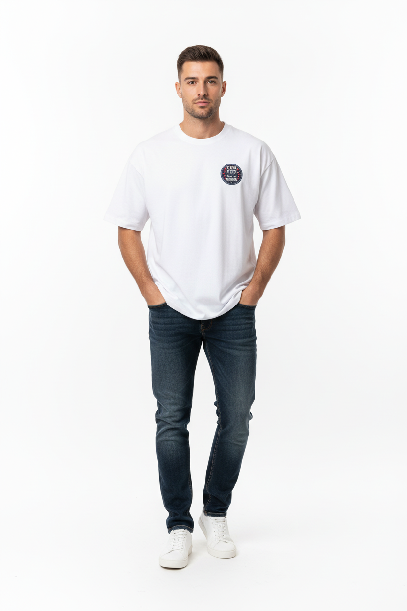 Front view - male model in white TEN Rugby Twickenham tee