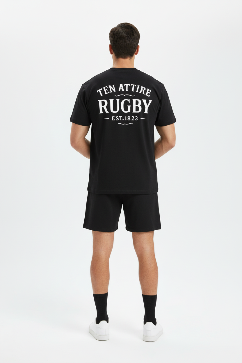 Full body back view of male model wearing black Ten Attire Rugby tee