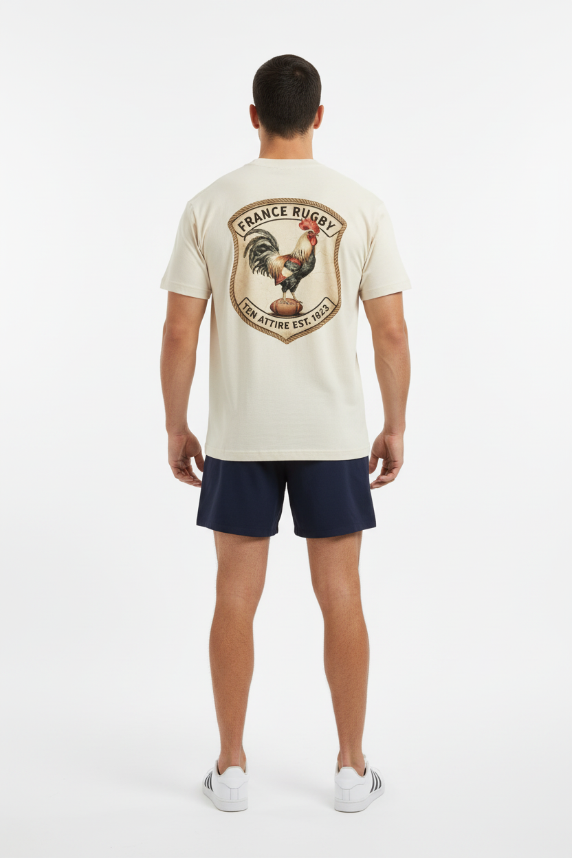 Full body back view of male model wearing cream French rugby rooster tee