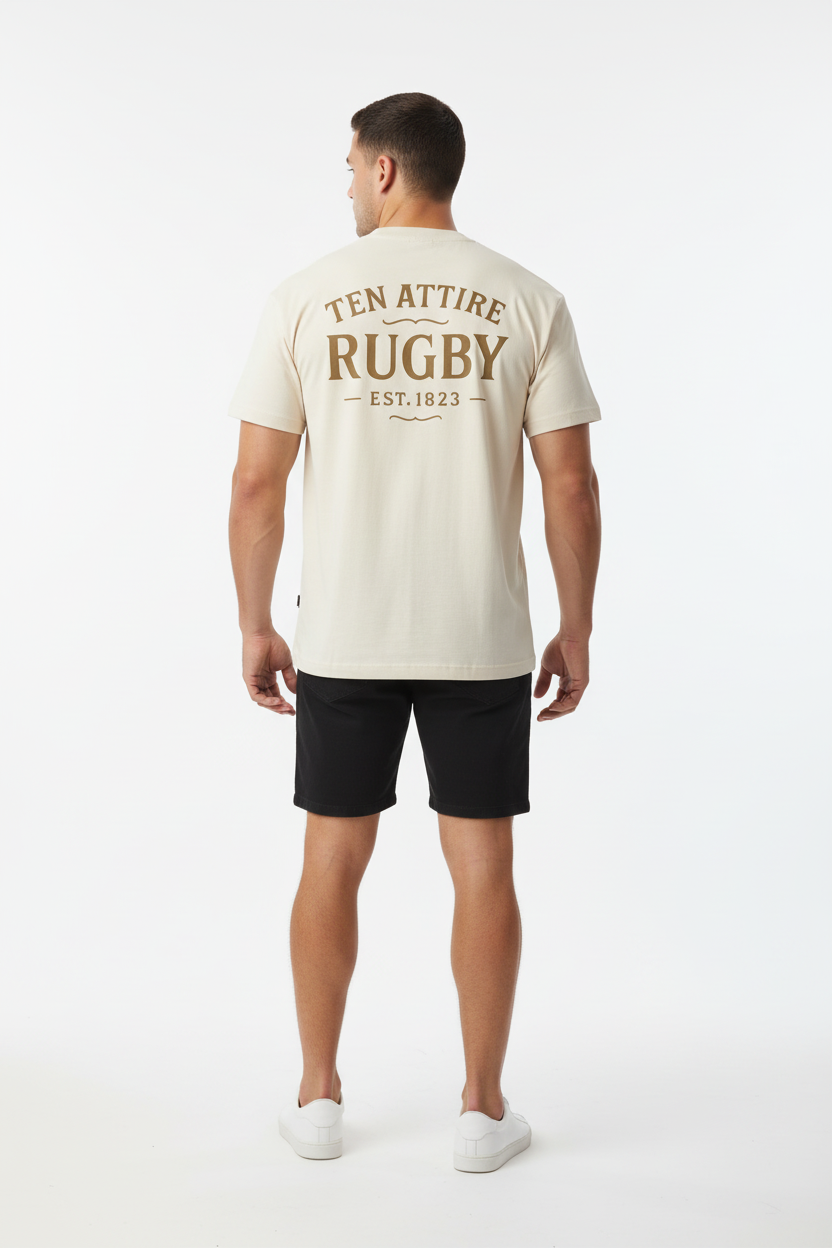 Full body back view of male model wearing cream Ten Attire Rugby tee