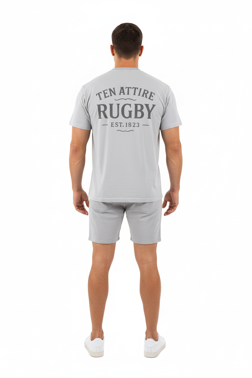 Full body back view of male model wearing Ten Attire Rugby tee