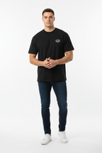 Full body front view of male model wearing black Ten Attire Rugby tee