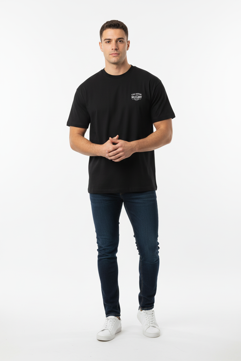 Full body front view of male model wearing black Ten Attire Rugby tee
