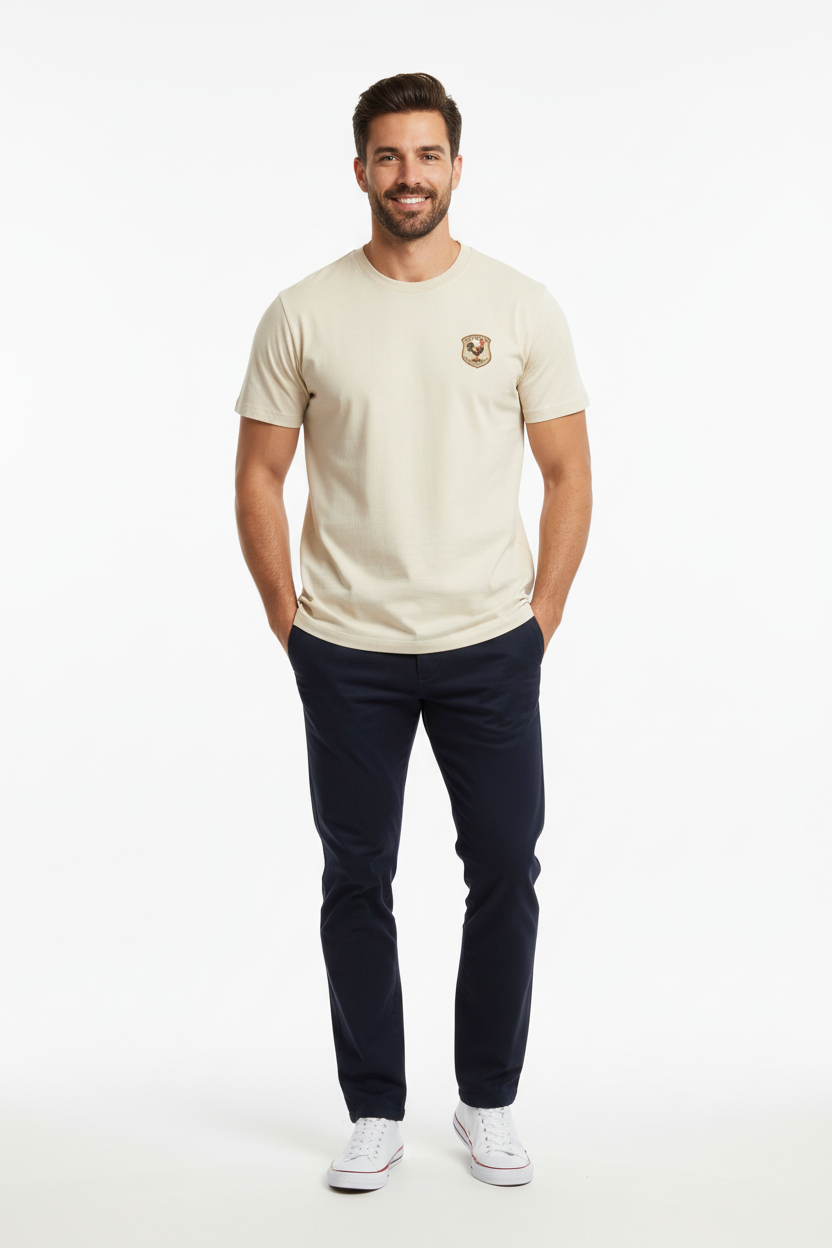 Full body front view of male model wearing cream French rugby rooster tee