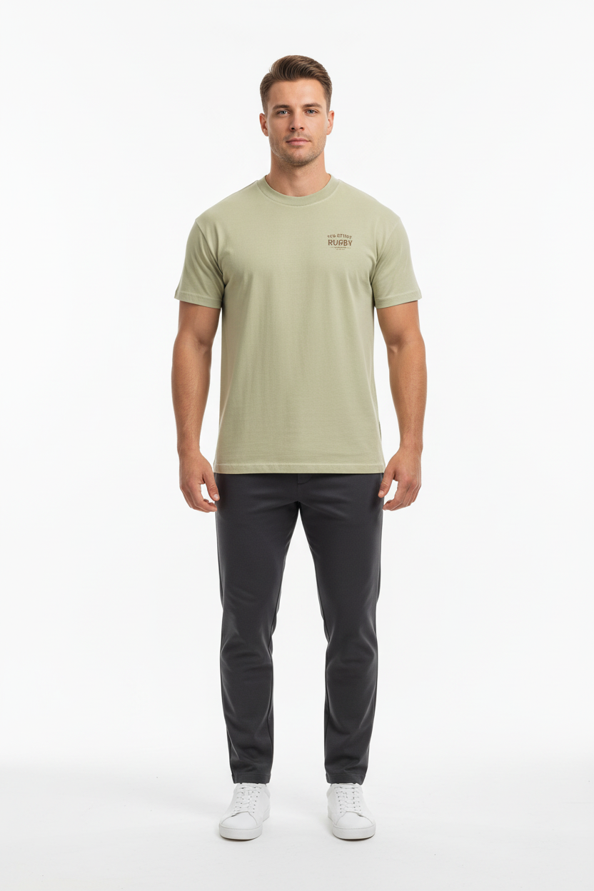 Full body front view of male model wearing sage green Ten Attire Rugby tee