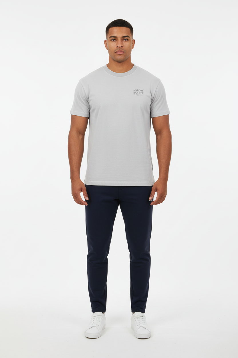 Full body front view of male model wearing Ten Attire Rugby tee