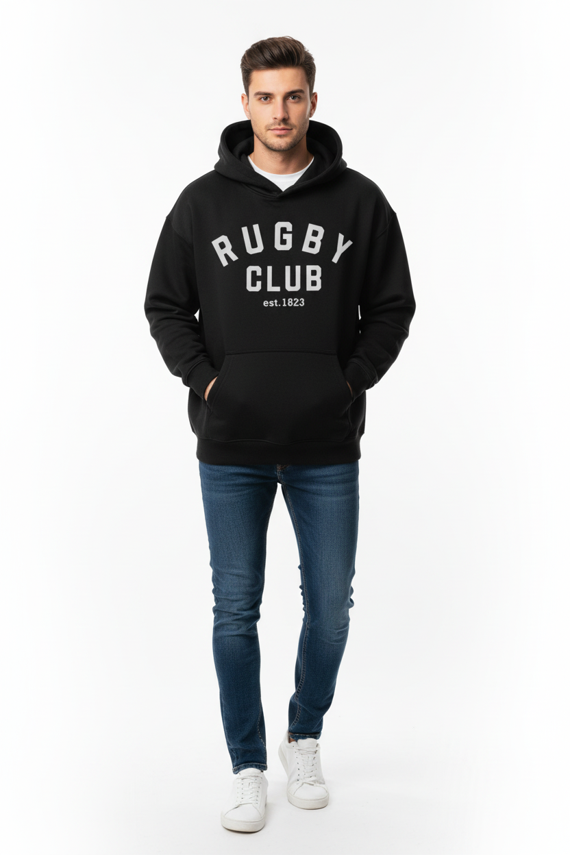 Rugby Club Hoodie Black – Male Lifestyle Front