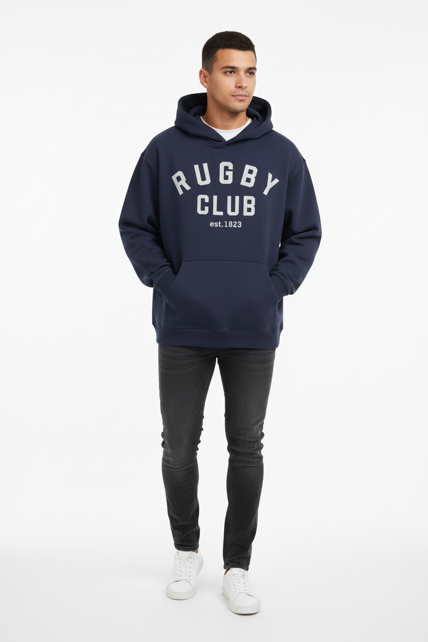Rugby Club Hoodie Navy – No Drawstring Front