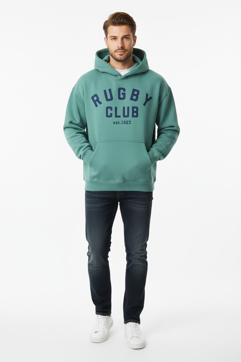 Rugby Club Hoodie Teal – Male Lifestyle Front